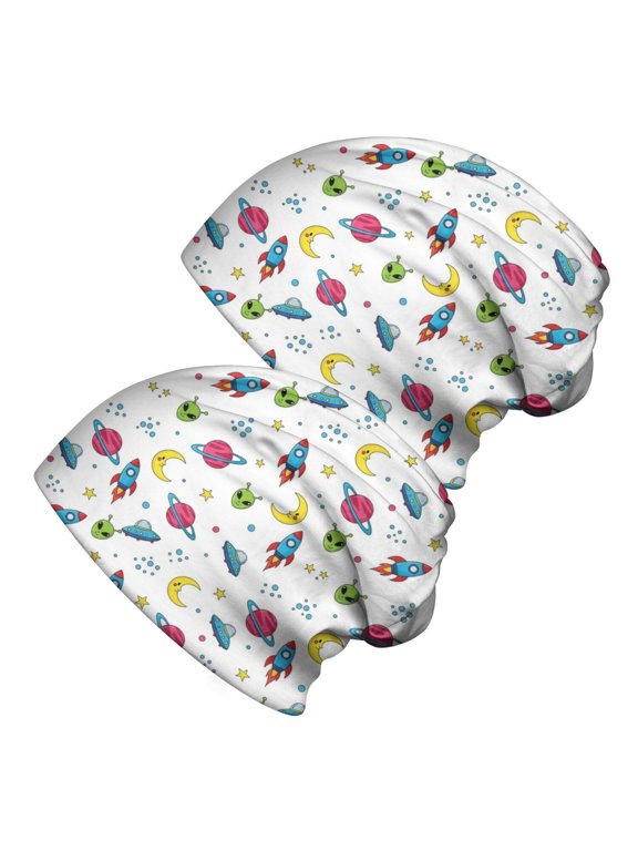 Alien and Rocket White Pattern 2 Pack Slouchy Beanie Hat, Warm Winter Skull Cap with Stretchy Fabric & Soft Texture, Heat Retaining Gifts for Daily Home Outdoor
