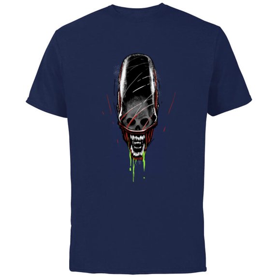 Alien: Romulus Xenomorph Head Skull and Double Jaws Art - Short Sleeve Cotton T-Shirt for Adults - Customized-Navy