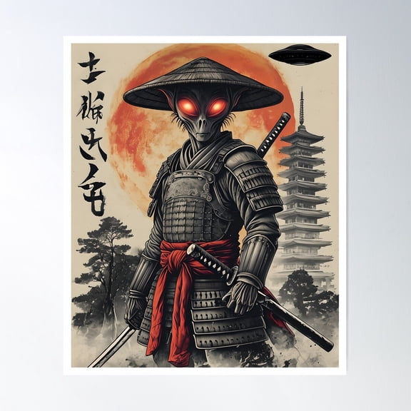 Alien Samurai Red Moon Poster Wall Art, Modern Wall Decor For Living Room Bedroom, 12x18 UNFRAMED