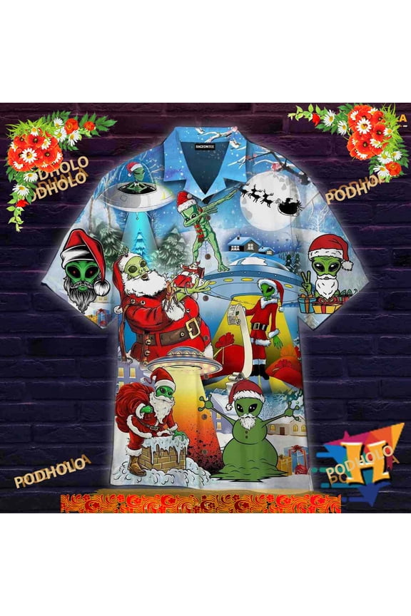 Alien Santa Christmas Aloha Shirt, Mens Christmas Hawaiian Shirt