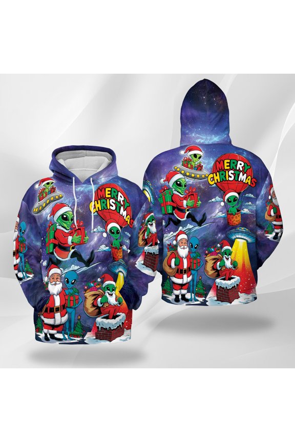 Alien Santa Christmas Hoodie, Funny UFO Holiday Pullover, Space Galaxy Xmas Hooded Sweatshirt, Cool Merry Christmas Gift for Men Women Friends