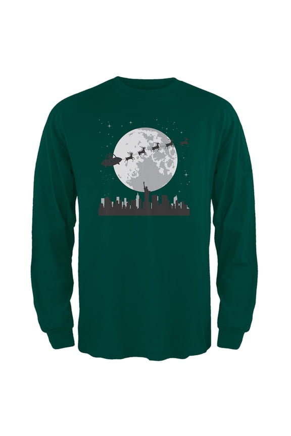 Alien Santa Sleigh Dark Green Adult Long Sleeve T-Shirt - 2X-Large