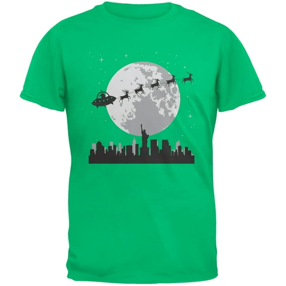 Alien Santa Sleigh Green Adult T-Shirt - Large