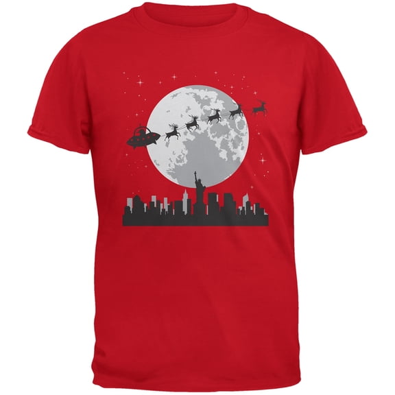 Alien Santa Sleigh Red Adult T-Shirt - Small