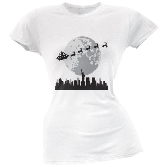 Alien Santa Sleigh White Soft Juniors T-Shirt - X-Large