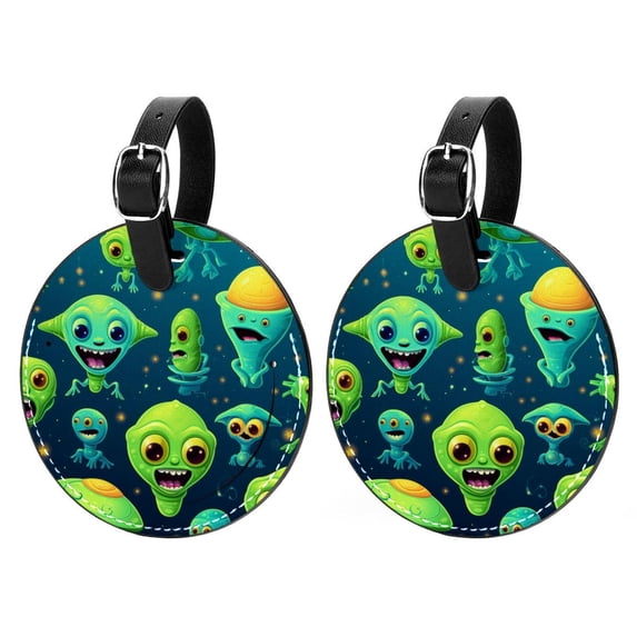 Alien Set of 2pcs PU Leather Round Suitcase Tags with Privacy Cover and Name ID Tag - Ideal for Travel Luggage, Handbags, Backpacks, School Bags