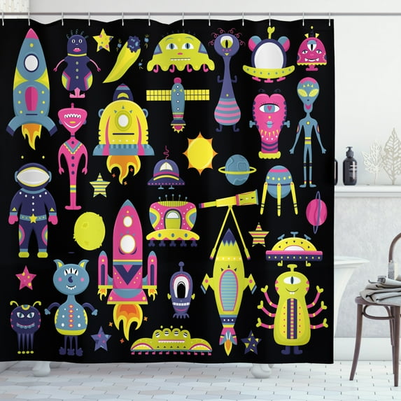 Alien Shower Curtain, Funny Characters Space Rockets Funny Eyed Creatures Illustration, Fabric Bathroom Set with Hooks, 69W X 84L Inches Extra Long, Charcoal Grey and Multicolor, by Ambesonne
