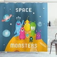 thumbnail image 1 of Alien Shower Curtain, Space Monsters Calligraphy and Colorful Bizarre Beings on the Moon, Fabric Bathroom Set with Hooks, 69W X 84L Inches Extra Long, Slate Blue and Multicolor, by Ambesonne, 1 of 2