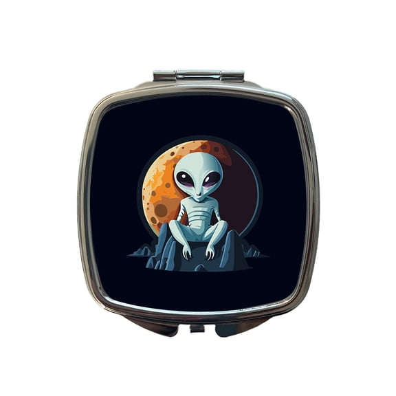 Alien Sitting Moon Planet Space Travel Makeup Handbag Purse Small Pocket Compact Mirror