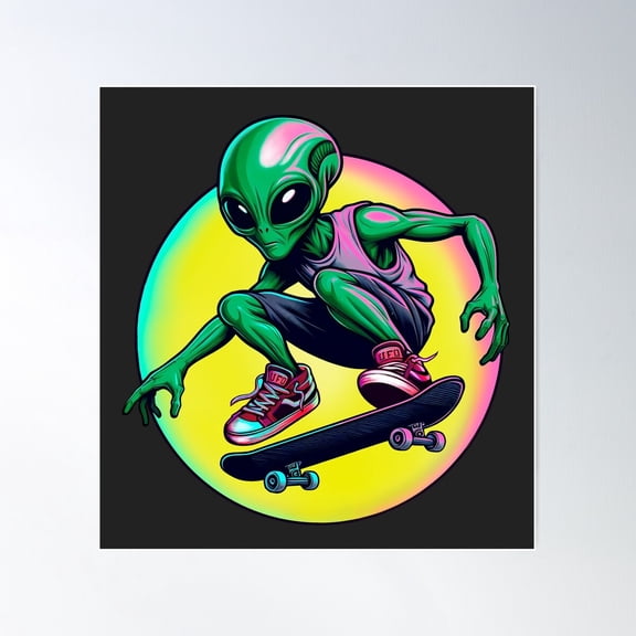 Alien Skateboarder Poster Wall Art, Modern Wall Decor For Living Room Bedroom, 24x24 UNFRAMED