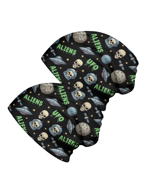 Alien Skull Black Pattern 2 Pack Slouchy Beanie Hat, Outdoor Running Hat with Stretchy Fabric & Soft Texture, Stretchy Polyester Gifts for Daily Home Outdoor