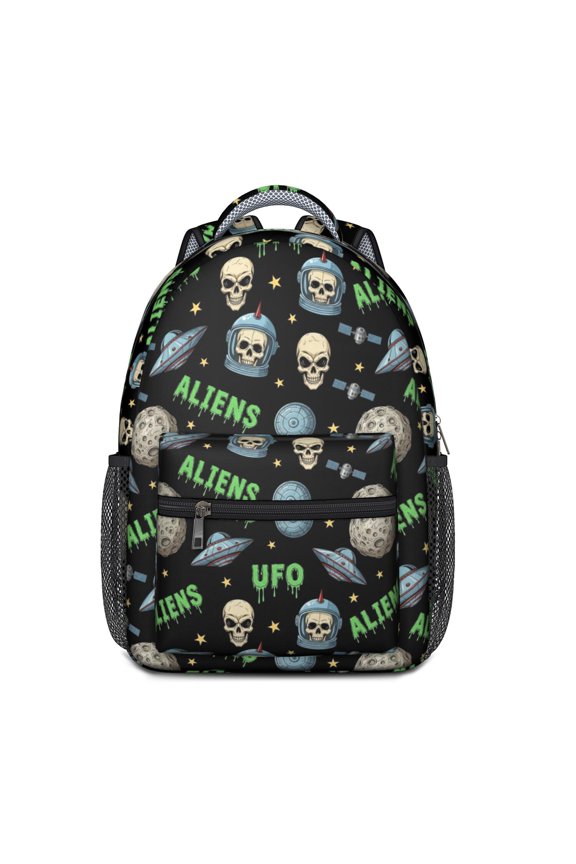 Alien Skull Black Pattern Backpack for School, Cute School Bag with Adjustable Shoulder Straps and Padded Back, 15.3"x11"x6.7"