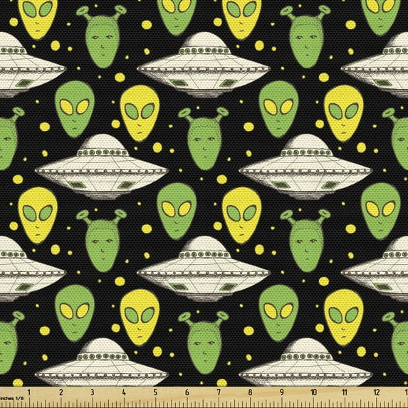 Ambesonne Alien Fabric by the Yard Upholstery, UFO Portrait Space Crafts, 10 Yards, Green Yellow and Black