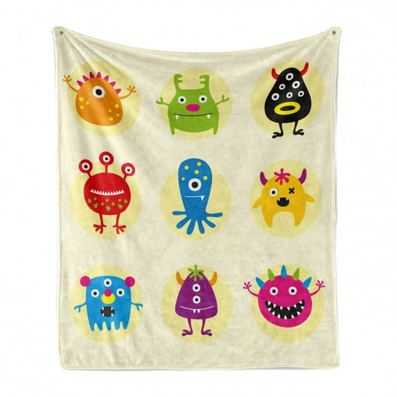 Alien Soft Flannel Fleece Blanket, Colorful Monsters Extraterrestrial Beings Illustration Childish Cartoon Art, Cozy Plush for Indoor and Outdoor Use, 50" x 70", Cream and Multicolor, by Ambesonne
