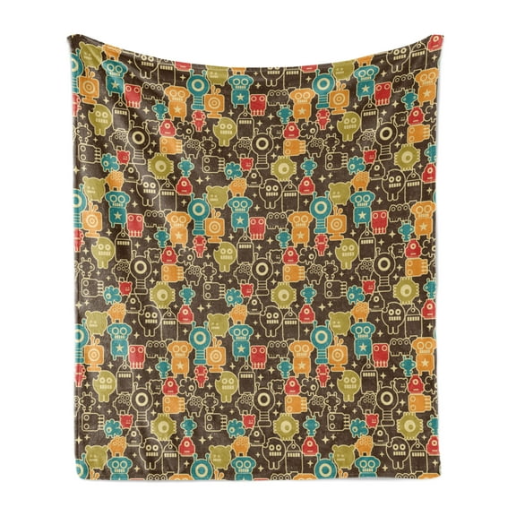 Alien Soft Flannel Fleece Blanket, Robot Monsters in Space Themed Stars Retro Style Fantastical Futuristic Illustration, Cozy Plush for Indoor and Outdoor Use, 60" x 80", Multicolor, by Ambesonne