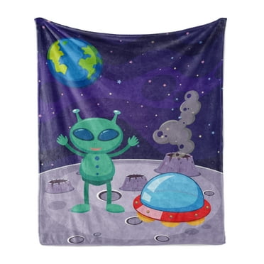 Alien Soft Flannel Fleece Throw Blanket, Cartoon Interpretation of a Mysterious Vertical Space Shot on the Moon Earth Stars, Cozy Plush for Indoor and Outdoor Use, 70" x 90", Multicolor, by Ambesonne