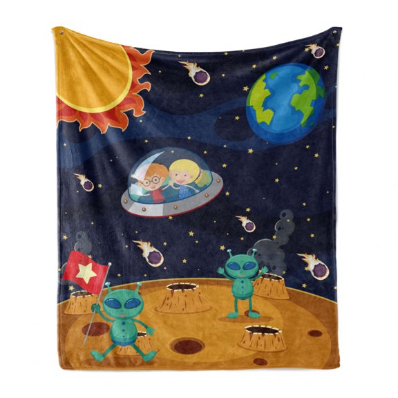 Alien Soft Flannel Fleece Throw Blanket, Children Travel into Space in a Spaceship World Sun, Cozy Plush for Indoor and Outdoor Use, 70" x 90", Multicolor, by Ambesonne