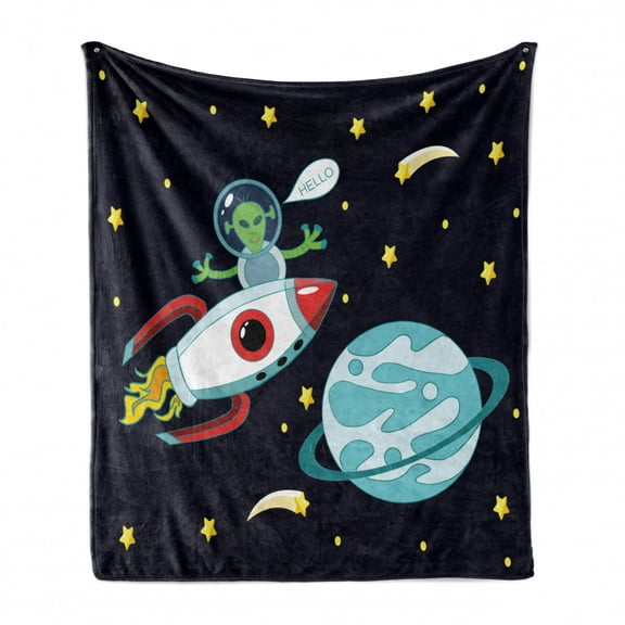Alien Soft Flannel Fleece Throw Blanket, Extraterrestrial Being with Hello Speech Balloon Cartoonish Design, Cozy Plush for Indoor and Outdoor Use, 50" x 70", Multicolor, by Ambesonne