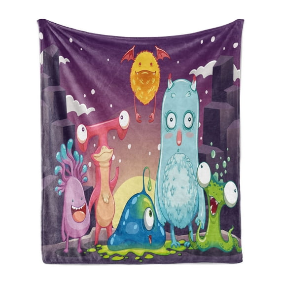 Alien Soft Flannel Fleece Throw Blanket, Funky and Happy Monsters Illustration on a Abstract Galactic Landscape, Cozy Plush for Indoor and Outdoor Use, 70" x 90", Purple and Multicolor, by Ambesonne