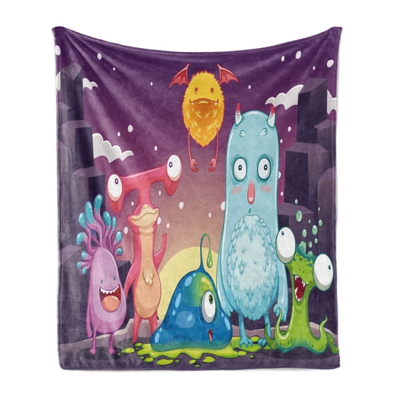 Alien Soft Flannel Fleece Throw Blanket, Funky and Happy Monsters Illustration on a Abstract Galactic Landscape, Cozy Plush for Indoor and Outdoor Use, 70" x 90", Purple and Multicolor, by Ambesonne