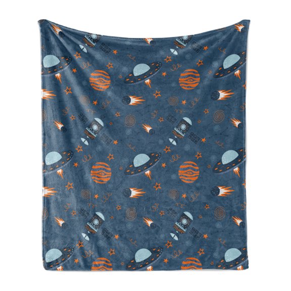 Alien Soft Flannel Fleece Throw Blanket, Space Elements Pattern Satellite Stars, Cozy Plush for Indoor and Outdoor Use, 70" x 90", Dark Sky Blue Dark Peach, by Ambesonne
