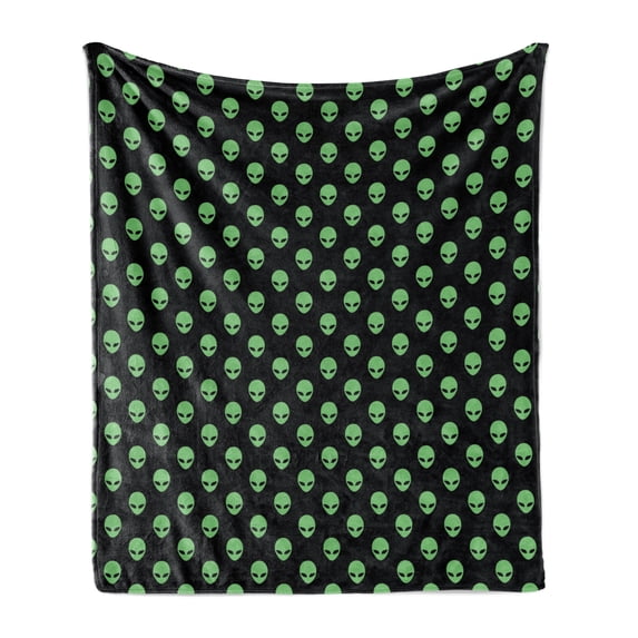 Alien Soft Flannel Fleece Throw Blanket, Supernatural Martiansal Beings from Other Planets Head of an Alien, Cozy Plush for Indoor and Outdoor Use, 50" x 70", Fern Green Black, by Ambesonne