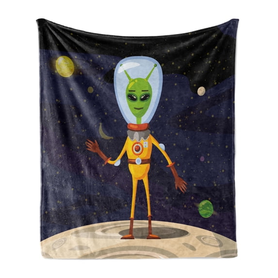 Alien Soft Flannel Fleece Throw Blanket, Ufo Cartoon of Funny Creature in Spacesuit Standing on the Moon and Space Backdrop, Cozy Plush for Indoor and Outdoor Use, 60" x 80", Multicolor, by Ambesonne
