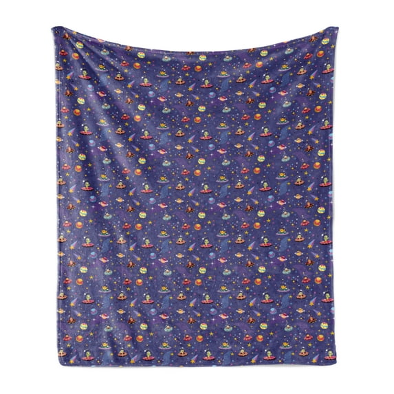 Alien Soft Flannel Fleece Throw Blanket, Ufo Trippy Odd Characters in Spaceship Hovering in Galaxy Futuristic Cartoon, Cozy Plush for Indoor and Outdoor Use, 60" x 80", Multicolor, by Ambesonne