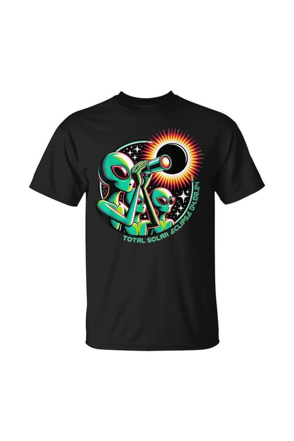 Alien Solar Eclipse 2024 Graphic Cotton Tee Unisex Adult T-Shirt for Casual Wear, Soft Comfortable Novelty Top, Size 5XL, Color Black