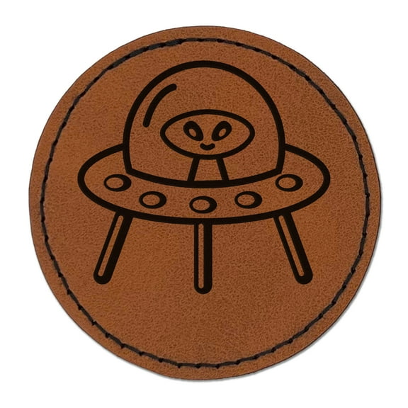 Alien Space Ship UFO 2.5" Faux Leather Round Engraved Iron-On Patch - Brown
