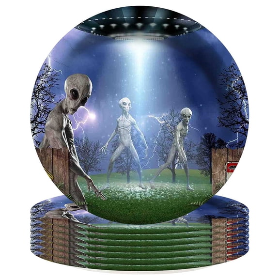 Alien Space UFO Plates Birthday Decorations Party Supplies Tableware Disposable Dinnerware 8pcs