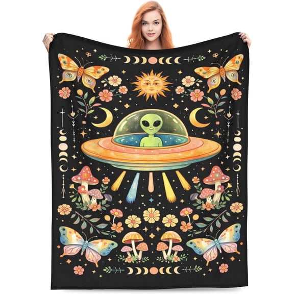 Alien Spaceship Aesthetic Blanket with Celestial Sun Moon and Mushroom Design for Couch Bed