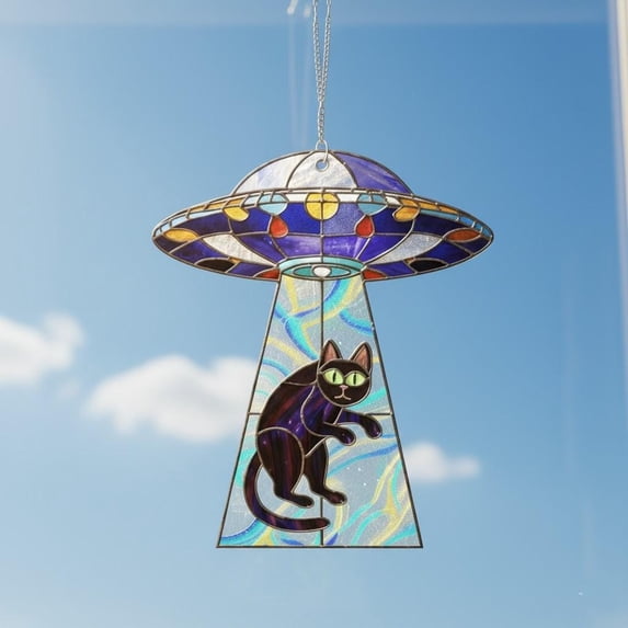 Alien Spaceship Black Cat UFO Acrylic Suncatcher Sci-Fi Outer Space Window Hanging Funny Pet Gift for Cat Lovers