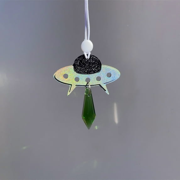Alien Spaceship Car Charm with Crystal Light Beam, Sun Catcher, Auto Rear View Mirror Accessories, New Car Gift, Women Festival Rave Decor