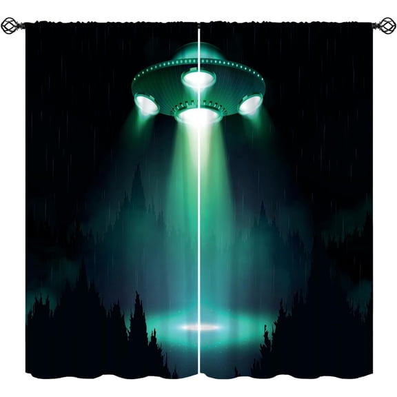 Alien Spaceship Curtains, Fairy Theme UFO Spacecraft Night Forest Window Treatments, Rod Pocket Thermal Insulated Drapes 2 Panel Set for Bedroom Living Room, 55" W X 39" L