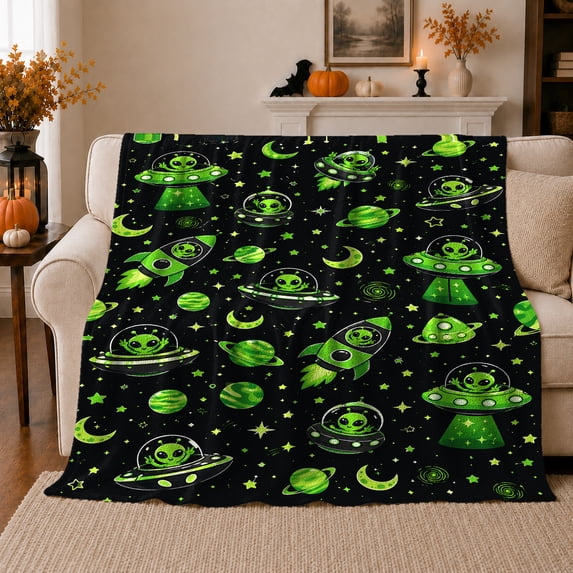 Alien Spaceship Planet Whimsical Space Theme, Playful Celestial Art Scene, Warm Flannel Blanket for Living Room and Bedroom, Celestial Art Lovers Housewarming Gift, Fantasy Home Decor