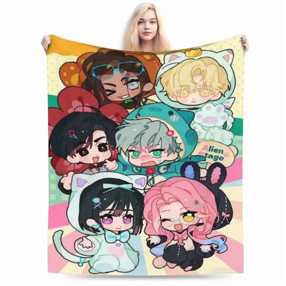 Alien Stage Chibi Characters Fleece Blanket, Cute Anime Group in Animal Onesies with Colorful Pastel Background, Soft Kawaii Throw