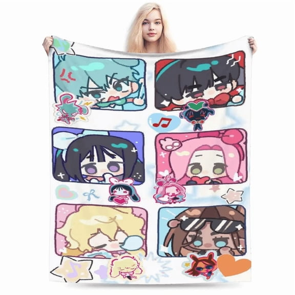 Alien Stage Kawaii Fleece Blanket, Cute Anime Character Faces in Pastel Comic Panels with Music Notes Hearts and Stickers, Cozy Throw