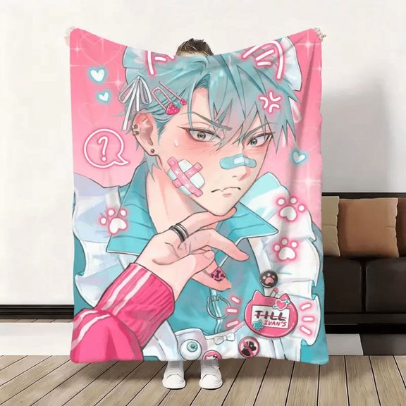 Alien Stage Till Fleece Blanket, Blue Gray Hair Anime Boy with Pink Background and Cute Bandage Heart Graphics, Soft Cozy Kawaii Throw