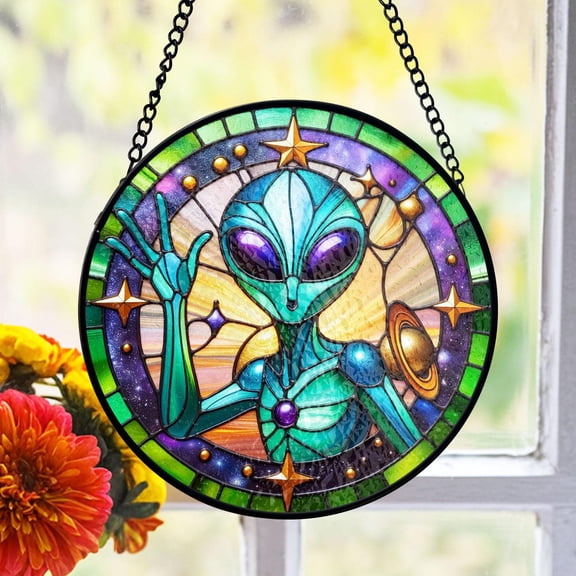 Alien Stained Glass Suncatcher, Galactic Window Decor, Space-Themed Stained Glass Art, Futuristic Sci-Fi Decor, Unique UFO Lover Gift