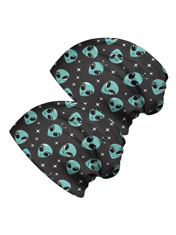 Alien and Star Black Pattern 2 Pack Slouchy Beanie Hat, Warm Winter Skull Cap with Stretchy Fabric & Soft Texture, Heat Retaining Gifts for Birthday Christmas Thanksgiving