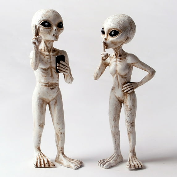 Alien Statues 'Peace & Quiet' 10 INCH H Standing Extraterrestrial Figurine Set - Antique White