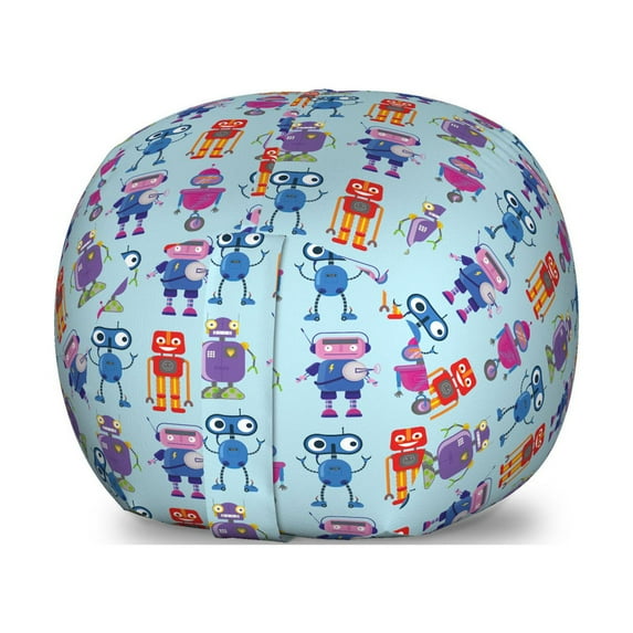 Alien Storage Toy Bag Chair, Repeating Print of Colorful Robots Mechanical Design of Funny Shapes, Stuffed Animal Organizer Washable Bag, Large Size, Pale Blue and Multicolor, by Ambesonne