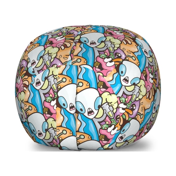 Alien Storage Toy Bag Chair, Repetitive Funny Layout of Humorous Graphic Characters Space Journey, Stuffed Animal Organizer Washable Bag, Large Size, Deep Sky Blue Multicolor, by Ambesonne