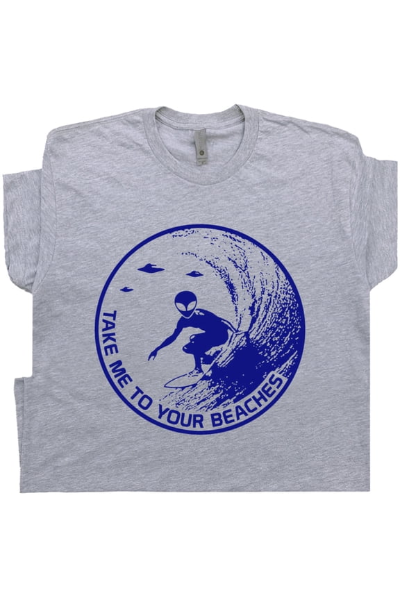 Alien Surfing T Shirt Cool UFO Surfer Shirts Vintage Funny Graphic Tee for Men Women Teen Retro Surf Hawai Maui Surfboard