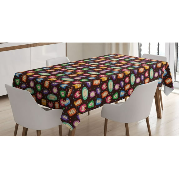 Alien Tablecloth, Abstract Beings with Facial Expressions Crying Laughing Happy Colorful Stars, Rectangle Satin Table Cover Accent for Dining Room and Kitchen, 52" X 70", Multicolor, by Ambesonne