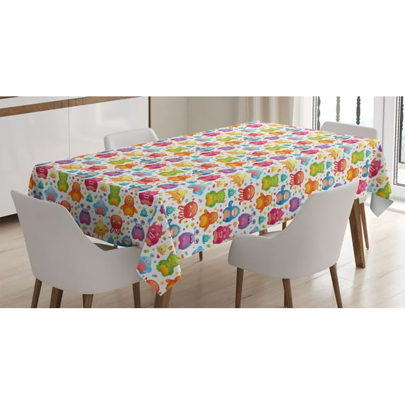 Alien Tablecloth, Mutant Monsters on Colorful Dotted Background Alien Beings Design Lizard Squid, Rectangle Satin Table Cover Accent for Dining Room and Kitchen, 60" X 84", Multicolor, by Ambesonne