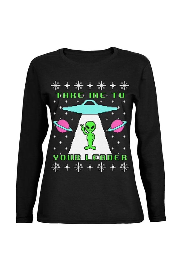 Alien Take Me to Your Leader Ugly Christmas Sweater Ladies' Jersey Long-Sleeve Tee Black MD
