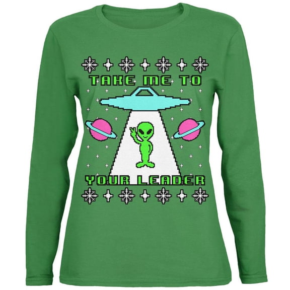 Alien Take Me to Your Leader Ugly Christmas Sweater Womens Long Sleeve T Shirt Green SM