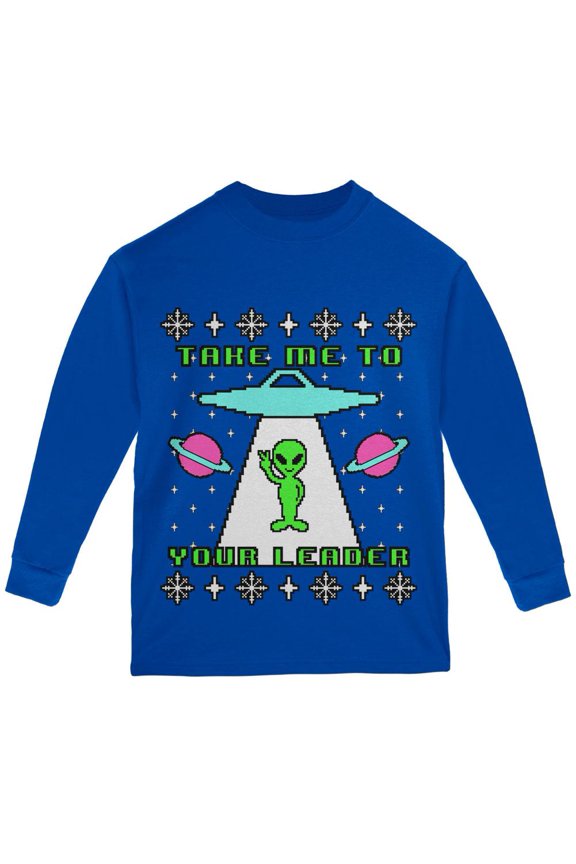 Alien Take Me to Your Leader Ugly Christmas Sweater Youth Long Sleeve T Shirt Royal YSM